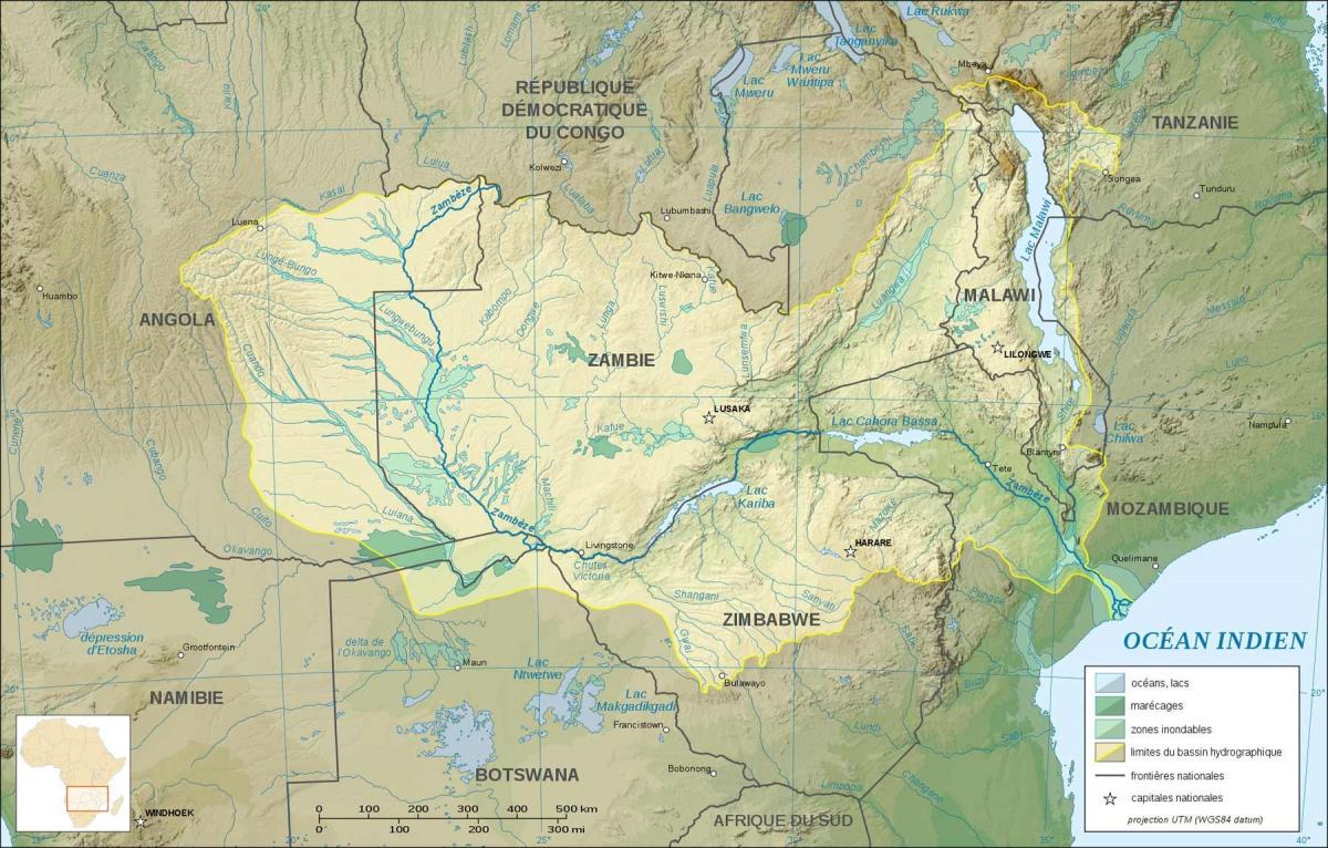 karte Zambija, parādot, upēs un ezeros