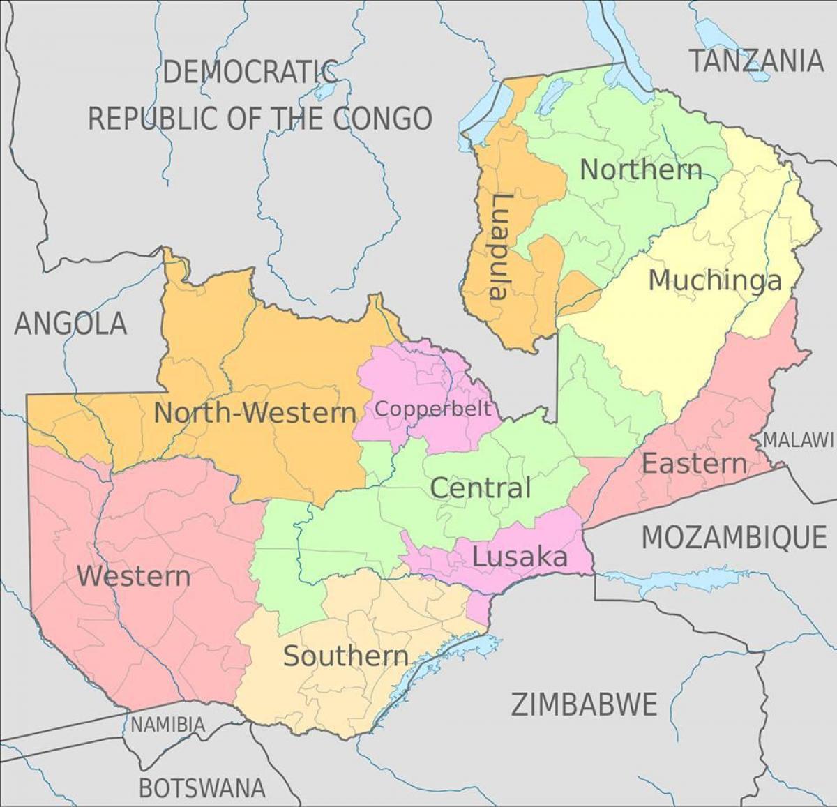 karte Zambija rāda 10 provincēs