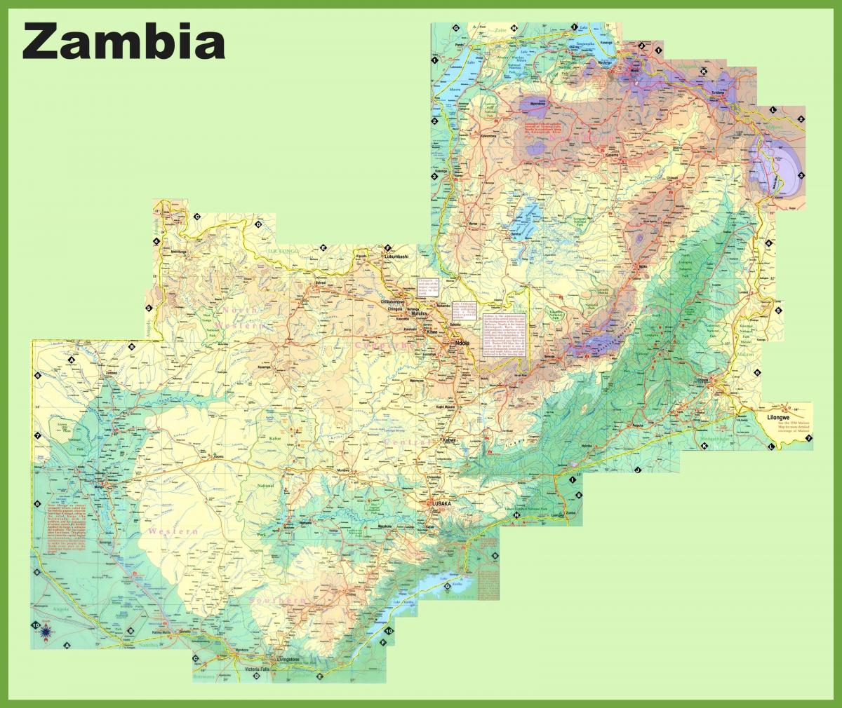 karte Zambija, kurā visi pilsētas