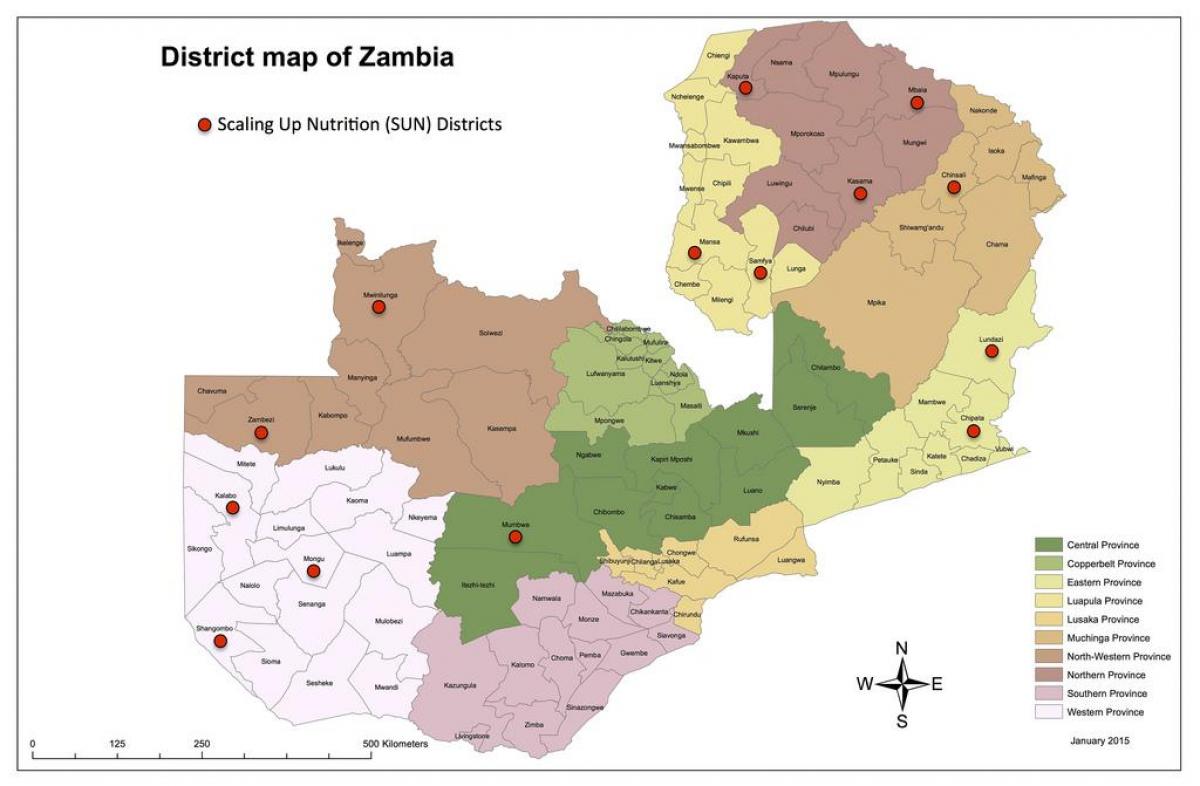 Zambija rajoni atjaunināta karte